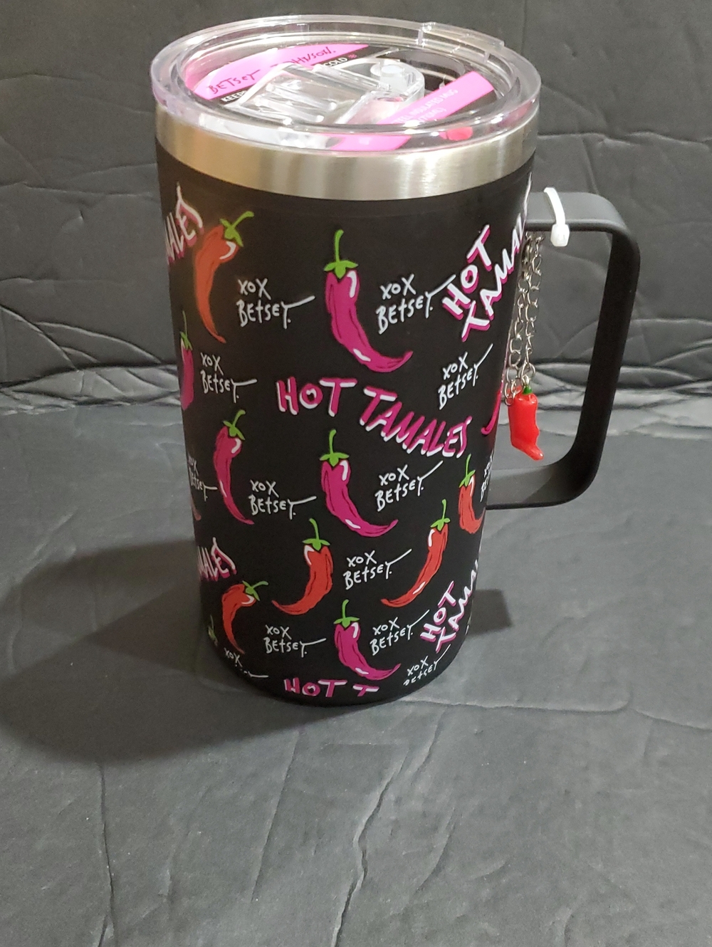 Betsey Johnson 24oz XOX Betsey Hot Tamales printed stainless steel mug and charm